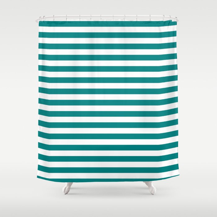 White & Teal Colored Striped/Lined Pattern Shower Curtain