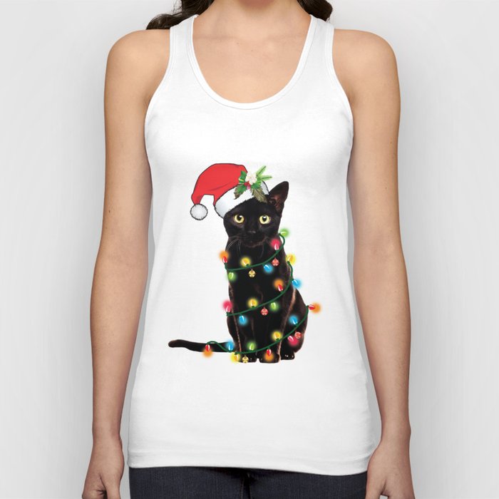 Santa Black Cat Tangled Up In Lights Christmas Santa Graphic Tank Top