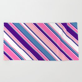 [ Thumbnail: Colorful Hot Pink, Light Pink, Blue, Indigo & White Colored Stripes Pattern Beach Towel ]