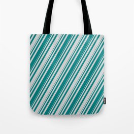 [ Thumbnail: Teal & Light Grey Colored Striped Pattern Tote Bag ]
