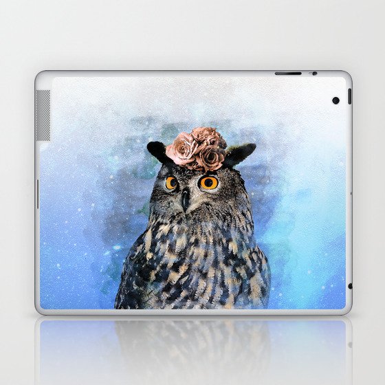 Painting of cute owl with flowers on his head (blue background) - nature Laptop & iPad Skin