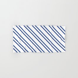 [ Thumbnail: White, Blue & Midnight Blue Colored Striped Pattern Hand & Bath Towel ]