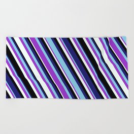[ Thumbnail: Vibrant Midnight Blue, Sky Blue, Dark Orchid, Mint Cream, and Black Colored Lined/Striped Pattern Beach Towel ]