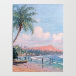 Waikiki Beach, Diamond Head, Oahu landscape painting by D. Howard Hitchcock Poster