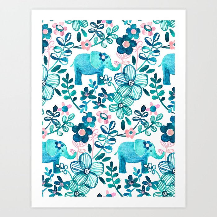 Dusty Pink, White and Teal Elephant and Floral Watercolor Pattern Kunstdrucke Dusty Pink, White and Teal Elephant and Floral Watercolor Pattern Kunstdrucke