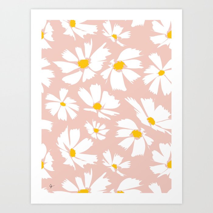 Les Fleurs de Paris - Pattern White Cosmos Flowers on Pink Art Print