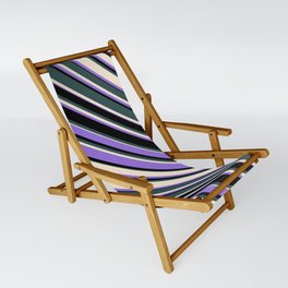 [ Thumbnail: Dark Slate Gray, Beige, Purple & Black Colored Lined Pattern Sling Chair ]