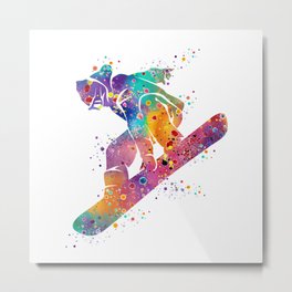 Girl Snowboarding Colorful Watercolor Winter Artwork Metal Print