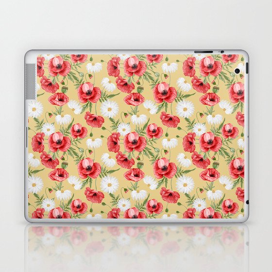 Daisy and Poppy Seamless Pattern on Beige Background Laptop & iPad Skin