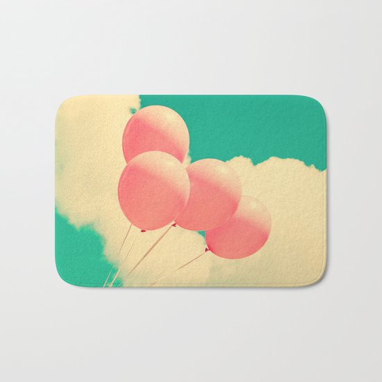 Happy Pink Balloons on retro blue sky Bath Mat