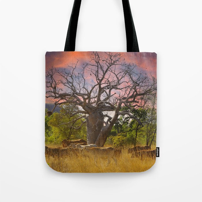 Mustering past the Boab and sunset Tote Bag