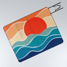 Retro 70s and 80s Color Palette Mid-Century Minimalist Nature Waves and Sun Abstract Art Picnic Blanket
