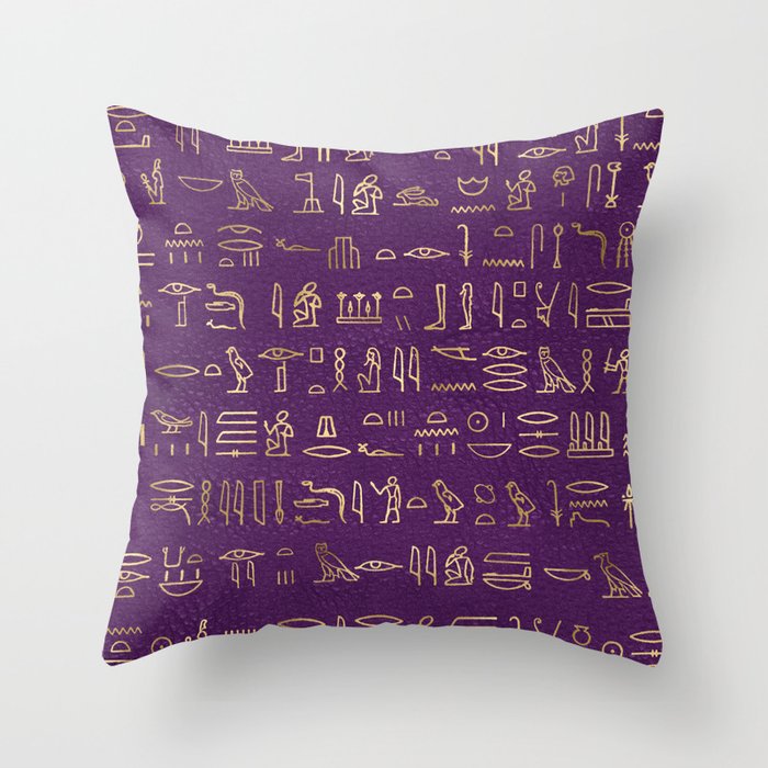 Ancient Egyptian Hieroglyphics - Purple & Gold Throw Pillow