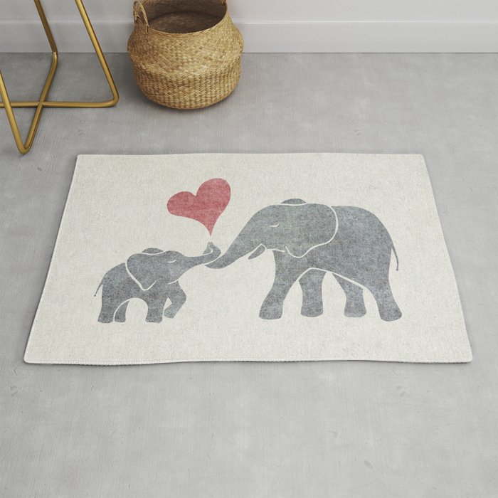 Elephant Hugs with Heart in Muted Gray and Red Rug