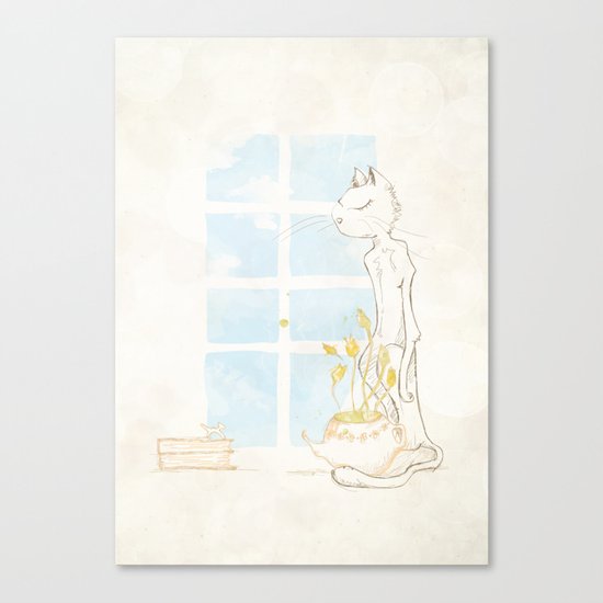 Cat Smelling Flower Canvas Print