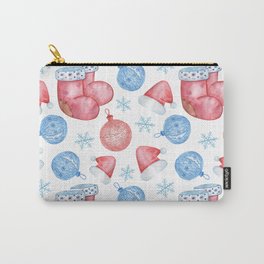 Watercolor Christmas pattern of Christmas balls, red caps and snowflakes Carry-All Pouch