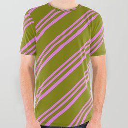[ Thumbnail: Violet & Green Colored Lines Pattern All Over Graphic Tee ]