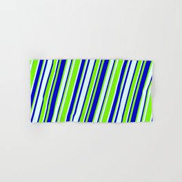[ Thumbnail: Light Cyan, Blue & Green Colored Lined/Striped Pattern Hand & Bath Towel ]
