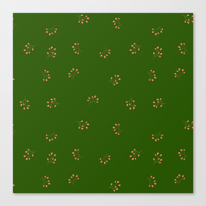 Branches With Red Berries Seamless Pattern on Green Background Canvas Print