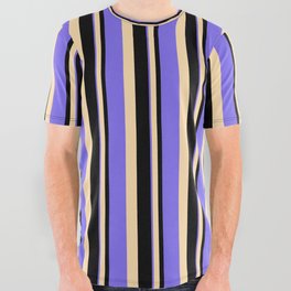 [ Thumbnail: Black, Tan, and Medium Slate Blue Colored Stripes/Lines Pattern All Over Graphic Tee ]