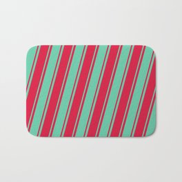 [ Thumbnail: Aquamarine and Crimson Colored Lined/Striped Pattern Bath Mat ]