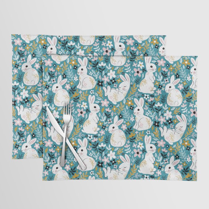 White Chalk Bunny Floral on Teal Placemat