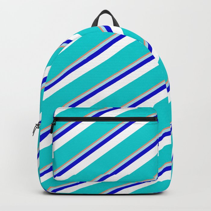 Vibrant Dark Salmon, Powder Blue, Blue, White & Dark Turquoise Colored Lined Pattern Backpack