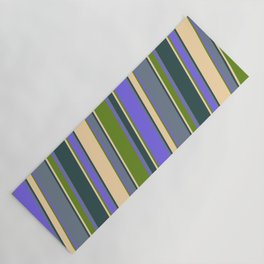 [ Thumbnail: Tan, Green, Medium Slate Blue, Slate Gray, and Dark Slate Gray Colored Lined/Striped Pattern Yoga Mat ]