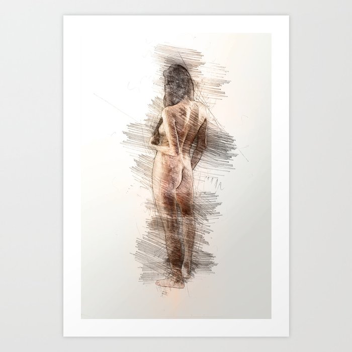 Naked Woman Posing, color pencil drawing Art Print by AnnSp