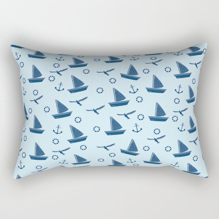 Cute Boats In Blue Background Print Pattern Rectangular Pillow