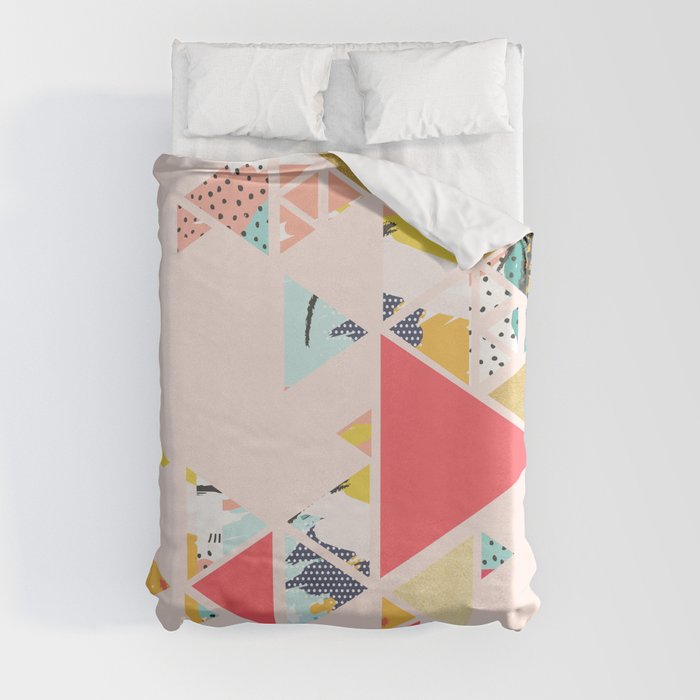 Gold Abstraction, Abstract Eclectic Colorful Geometrical, Blush Pastel Metallic Chic Graphic Design Duvet Cover