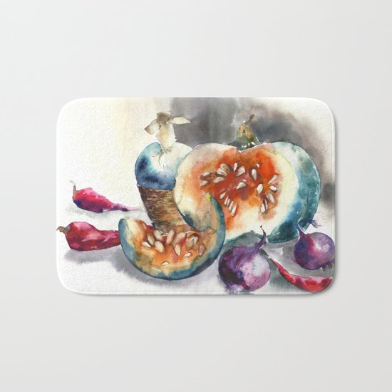 Watercolor harvest with vegetables, Thanksgiving Day Bath Mat