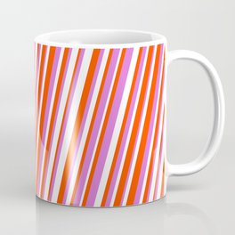 [ Thumbnail: Red, Orchid & White Colored Lined/Striped Pattern Coffee Mug ]