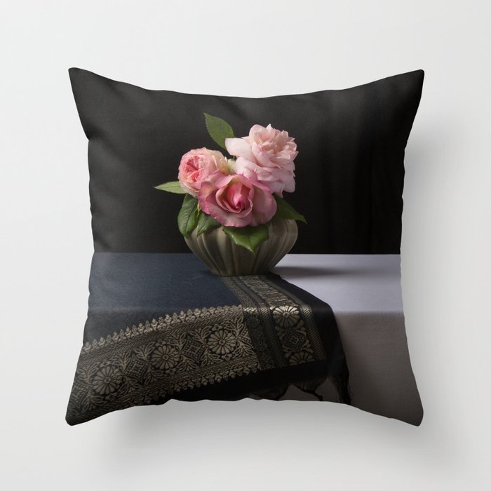 Roses and silk still life Throw Pillow