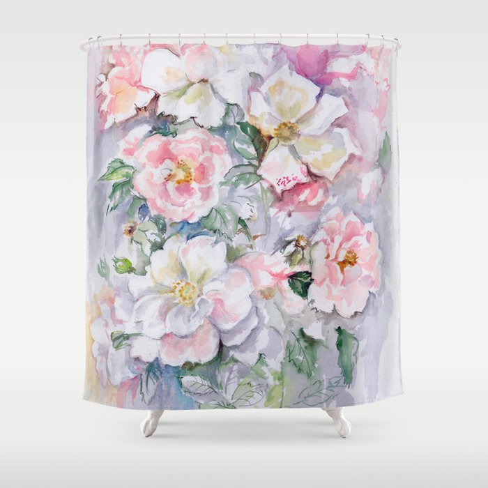 White Wild Roses Watercolor Painting White Pink Rose Flower
