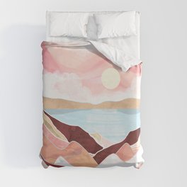 Autumn Lake Sunrise Duvet Cover | Graphicdesign, Fall, Pink, Coral, Gold, Watercolor, Lake, Wanderlust, Forest, Season 