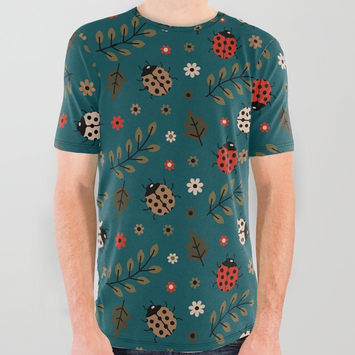 Ladybug and Floral Seamless Pattern on Teal Blue Background All Over Graphic Tee