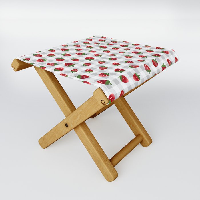 Strawberries All Over - gray check Folding Stool