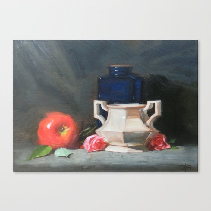 Blue Bottle with Apple Canvas Print