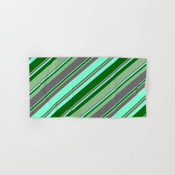 Dim Gray, Aquamarine, Dark Green, and Dark Sea Green Colored Lines/Stripes Pattern Hand & Bath Towel