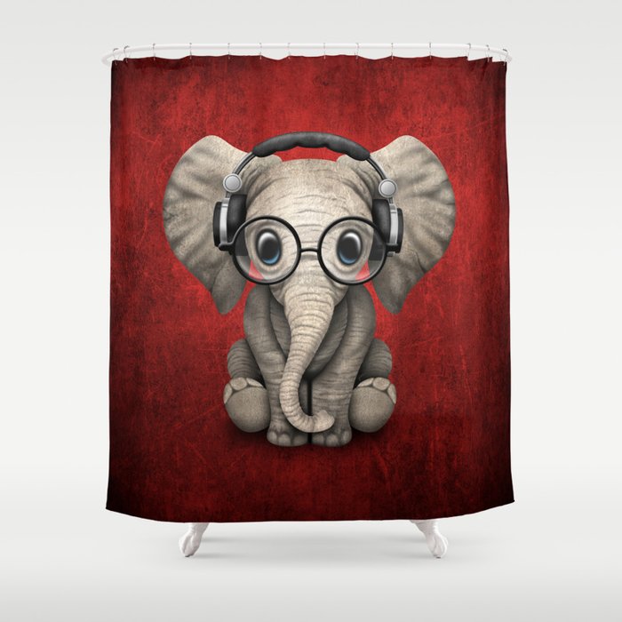 Cute Baby Elephant Dj Wearing Headphones And Glasses On Red Shower