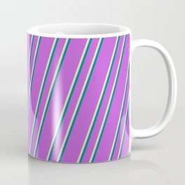 [ Thumbnail: Orchid, Tan & Teal Colored Stripes/Lines Pattern Coffee Mug ]