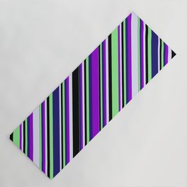 [ Thumbnail: Vibrant Dark Violet, Lavender, Black, Light Green & Midnight Blue Colored Lines Pattern Yoga Mat ]