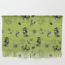 Light Green And Blue Silhouettes Of Vintage Nautical Pattern Wall Hanging