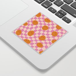 Groovy Smiley Faces on Pastel Pink Twisted Checkerboard Sticker