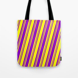 [ Thumbnail: Yellow & Dark Violet Colored Lined Pattern Tote Bag ]