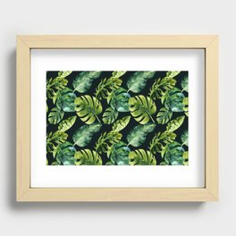 Watercolor Botanical Green Monstera Lush Tropical Palm Leaves Pattern on Solid Black Recessed Framed Print
