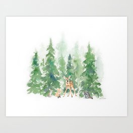 Pine Trees and Woodland Animals Watercolor Art Print