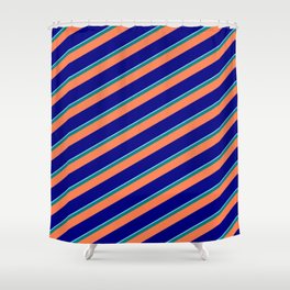 [ Thumbnail: Light Sky Blue, Teal, Coral, and Blue Colored Stripes Pattern Shower Curtain ]