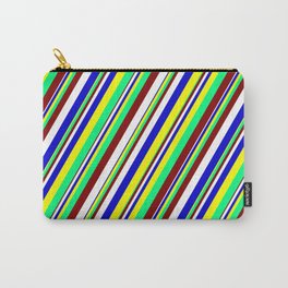[ Thumbnail: Maroon, White, Blue, Yellow & Green Colored Striped Pattern Carry-All Pouch ]